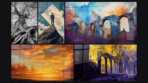 Mosaïque de cinq tableaux, dont Arbre ancien aux racines imposantes et Paysage maritime