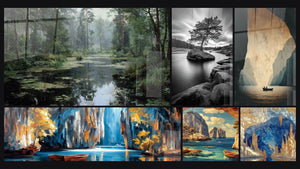 Mosaïque de six tableaux, dont Forêt marécageuse, Arbre solitaire sur rocher dans lac et Grotte Souterraine Bateau