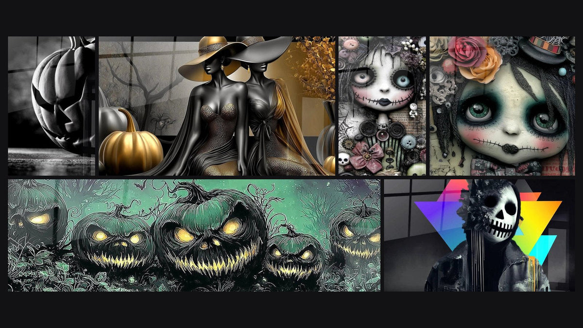 Mosaico de seis cuadros, entre ellos Calabaza Malévola Antigua y Hechicera Encantadora de Calabazas Doradas