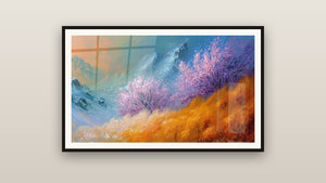 Tableau encadré sur un mur : Paysage montagnard cerisiers en fleurs