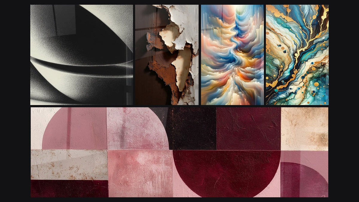 Mosaic of five paintings, including Abstract Sphere, Resonance of Celestial Hues and Mineral Labyrinth