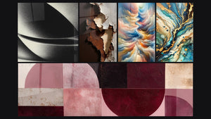 Mozaïek van vijf schilderijen, waaronder Abstracte bol, Resonantie van Hemelse Tinten en Mineraal Labyrint