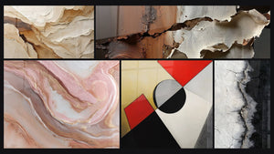 Mozaïek van vijf schilderijen, waaronder Abstract Beige en Aardekleur en Met gekleurde geometrische vormen