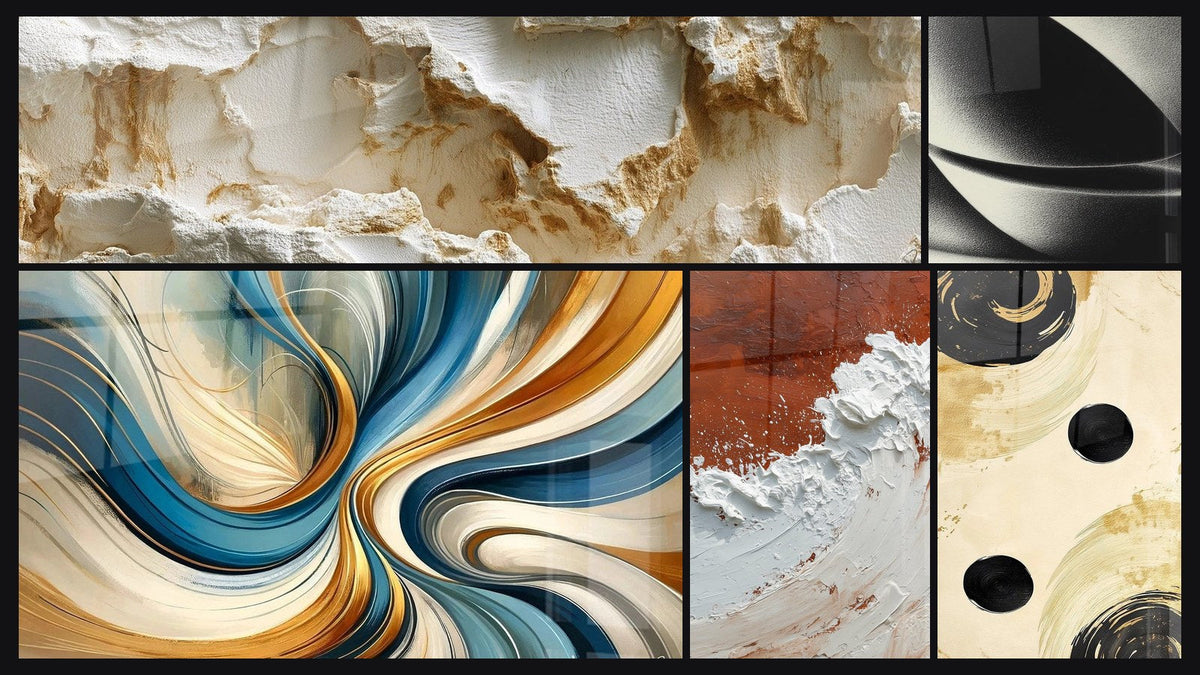 Mozaïek van vijf schilderijen, waaronder Abstracte bol, Elegante Spiralen en Abstract Aarde en Wit Dikke Textuur