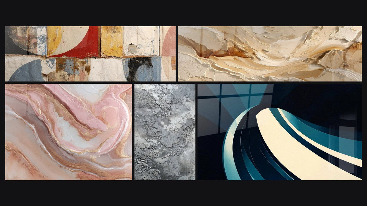 Mosaico de cinco cuadros, entre ellos Formas geométricas abstractas y Onda espiral moderno