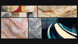Mosaico de cinco cuadros, entre ellos Formas geométricas abstractas y Onda espiral moderno