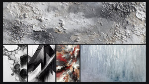 Mosaico de cinco cuadros, entre ellos Textura Abstracta Gris y Plateado Mineral y Burbujas abstractas