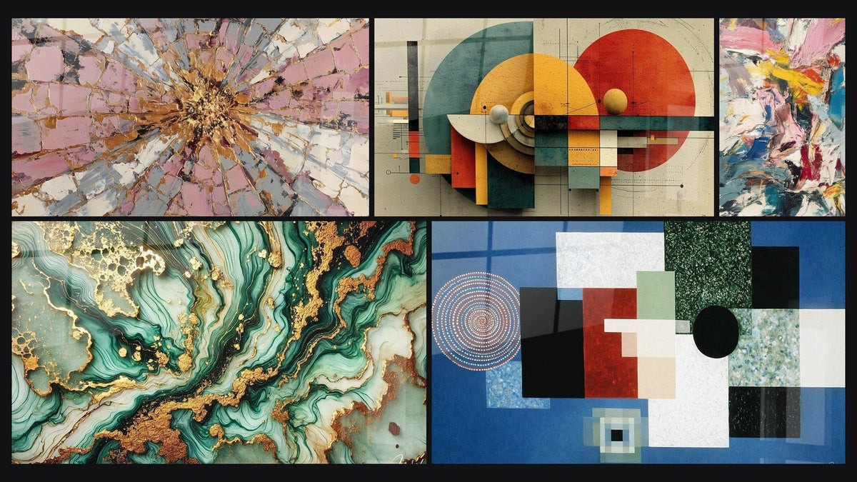 Mosaic of five paintings, including Mystical Marble, Geometric Circular Revolution and Color Explosion
