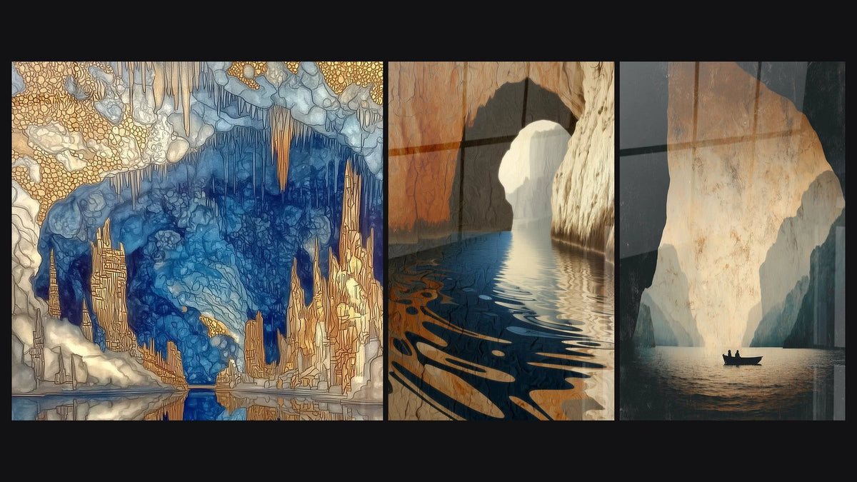 Mosaic of three paintings, including Boat in Marine Cave