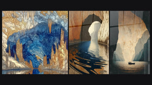 Mosaico de tres cuadros: Cueva Subterránea con Estalactitas, Gruta Marina con Reflejos Dorados y Barco en Cueva Marina