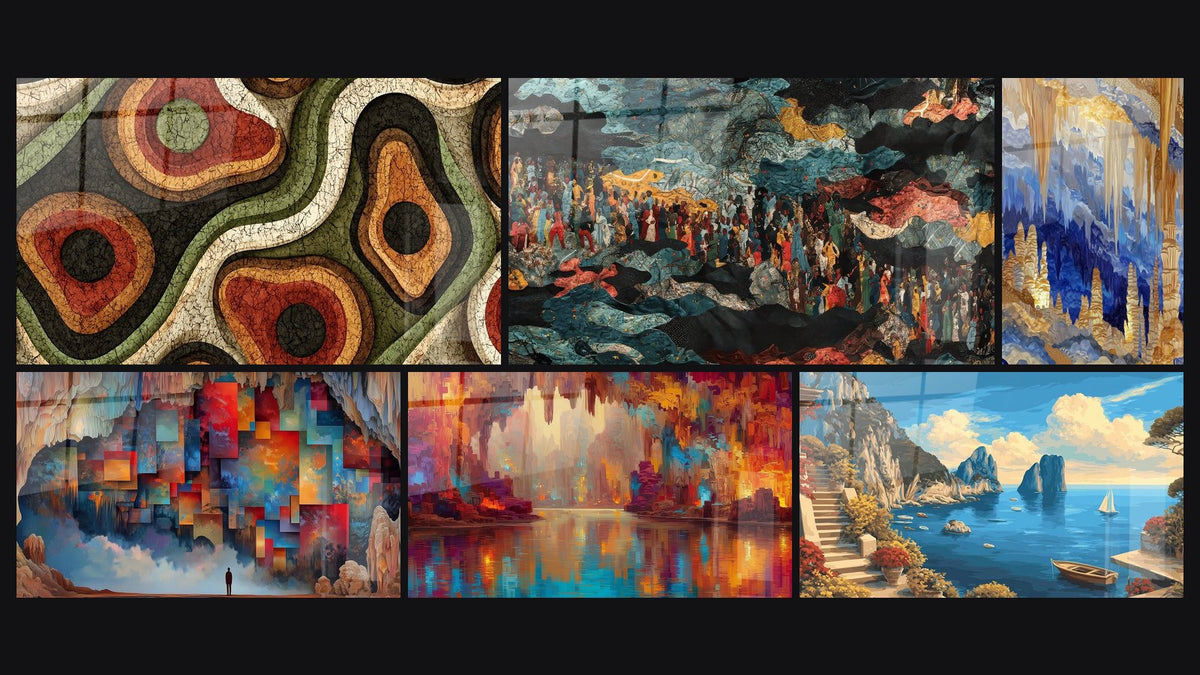 Mosaïque de six tableaux, dont Motifs Organiques, Scène spirituelle ancestrale et Grotte avec Stalactites et Stalagmites