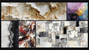Mosaico de cinco cuadros, entre ellos Explosión de colores abstracta y Ruido Dinámico Explosivo