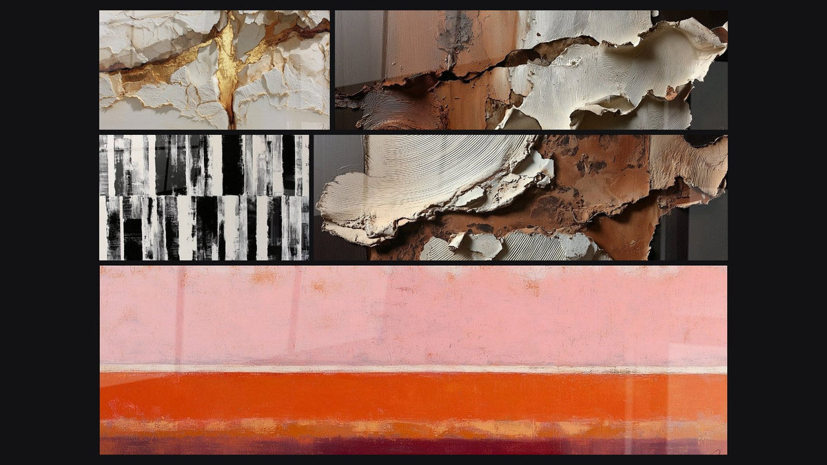 Mosaik aus fünf Gemälden, darunter Abstrakte Texturen Erde und Creme