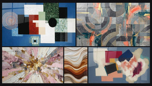 Mosaico de cinco cuadros, entre ellos Composición Geométrica Orden Racional y Círculos grises y coral entrelazados
