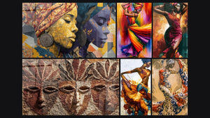 Mosaico de seis cuadros, entre ellos Dos mujeres africanas perfil y Tres rostros esculpidos en piedra