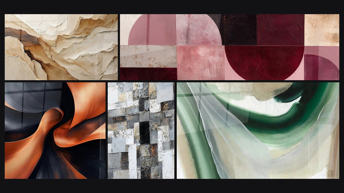 Mosaico de cinco cuadros, entre ellos Abstracto Beige y Tierra, Impulso Escultural en Cobre y Mosaico Abstracto Gris y Blanco