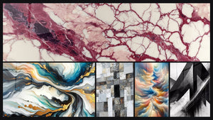 Mosaico de cinco cuadros, entre ellos Vetas púrpuras y crema sobre fondo crú y Abstracto de Corrientes Coloridas