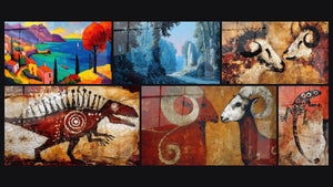 Mosaïque de six tableaux, dont Village méditerranéen coloré, Paysage lacustre mystique et Dinosaure rouge
