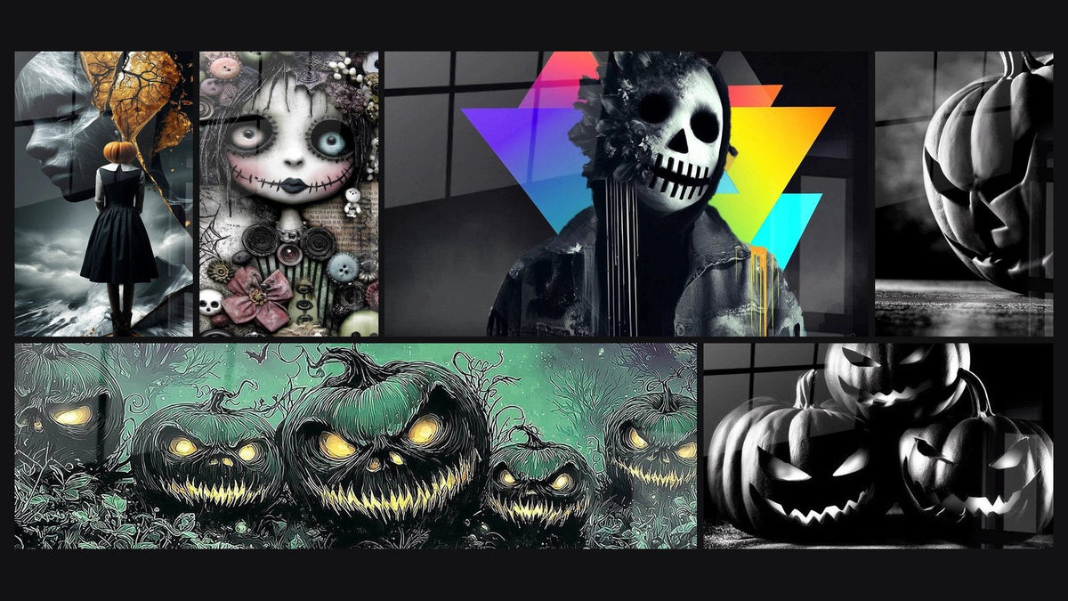 Mosaico de seis cuadros, entre ellos Mujer Calabaza Hechizo de Octubre y Muñeca Recuerdos Embrujados