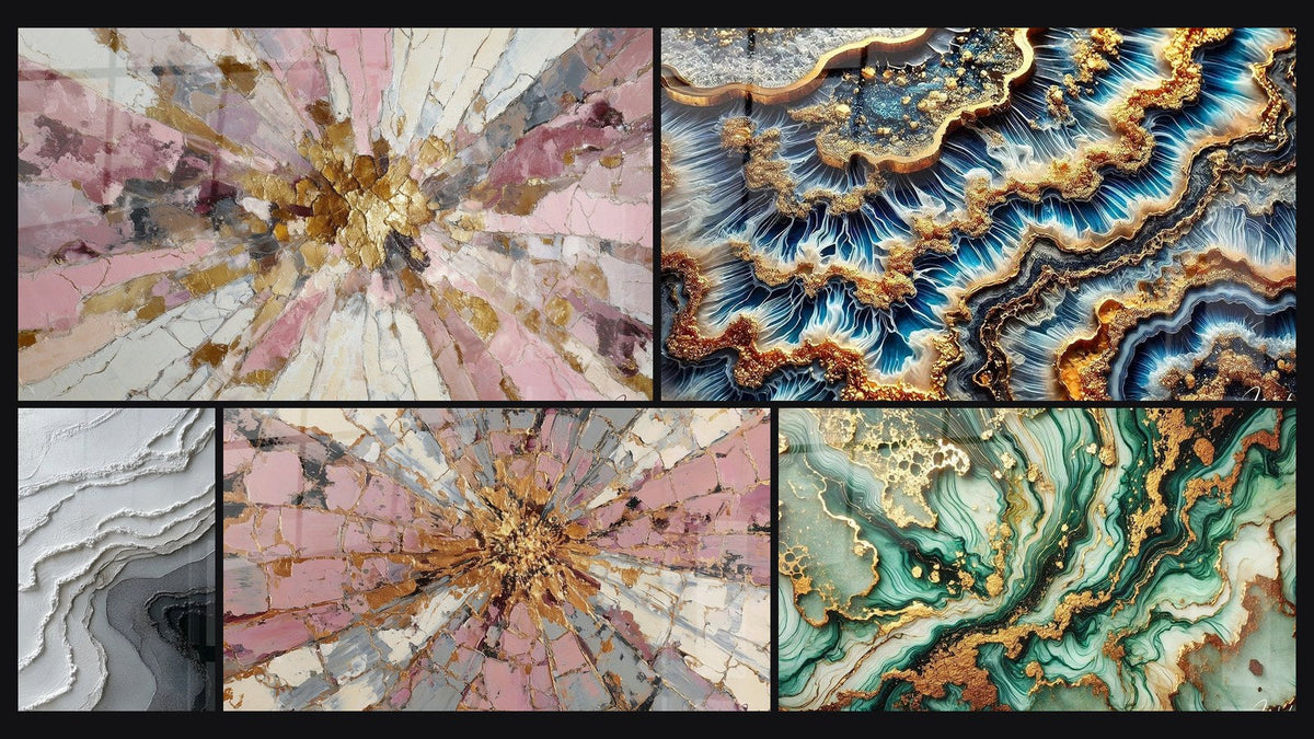 Mosaico de cinco cuadros, entre ellos Explosión Rosa y Oro con Centro Radiante, Mármol Misterioso y Marea Dorada