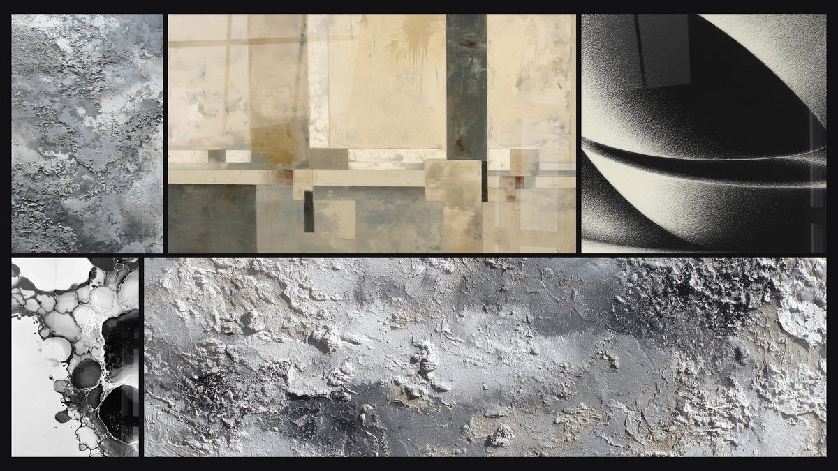 Mosaico de cinco cuadros, entre ellos Composición geométrica beige y gris y Burbujas abstractas