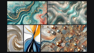 Mosaico de cinco cuadros, entre ellos Marea de Acuarela, Flujo dinámico colorido y Mosaico de Cobre