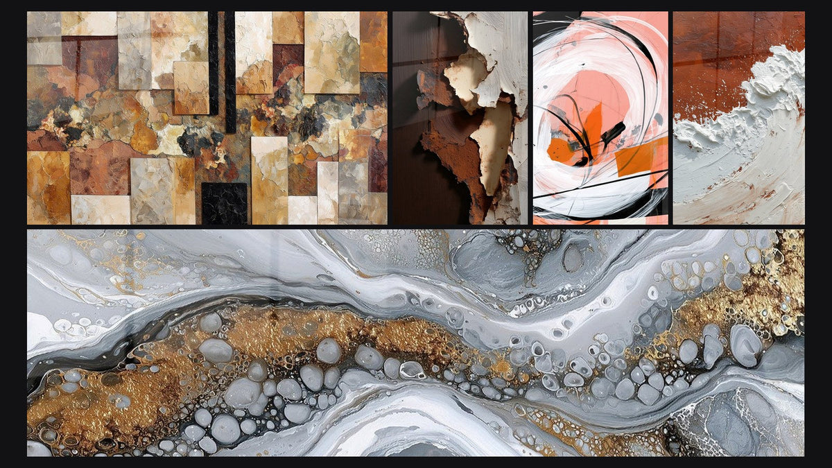 Mosaïque de cinq tableaux, dont Abstrait écorces et fissures blanches ocre et Spirale blanche et corail aux traits noirs