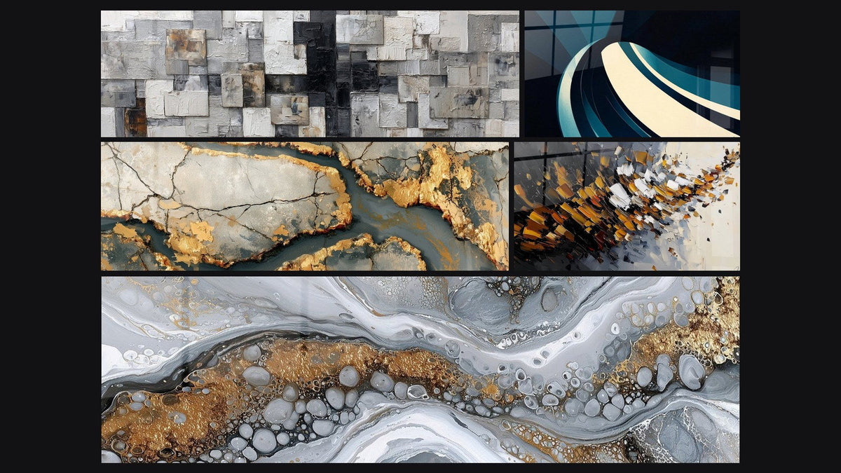 Mosaico de cinco cuadros, entre ellos Mármol Dorado con Grietas Antracita, Abstracto Fluido Gris y Oro y Onda espiral moderno