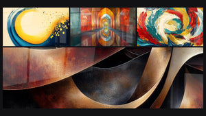 Mosaico de cuatro cuadros, entre ellos Espiral dorado y azul, Sinuosidades Meditación Ocre y Arcos Brillantes Color Bermellón