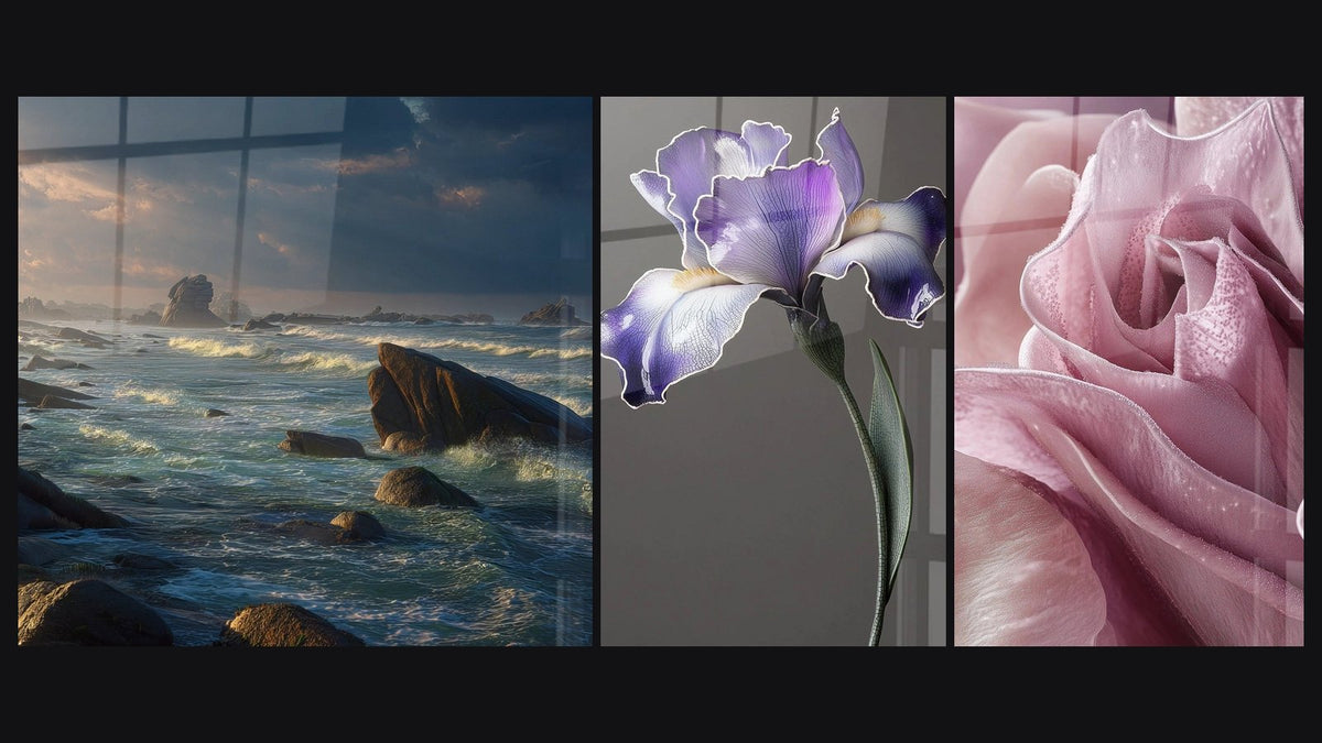 Mosaïque de trois tableaux : Rochers océan, Iris N°9 et Tulipe N°2