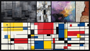 Mozaïek van vijf schilderijen, waaronder Abstract geometrisch grijs kolen zwart en Tafel geometrische compositie