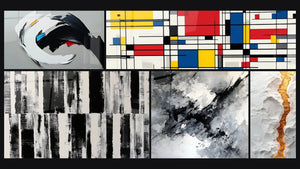 Mosaico de cinco cuadros, entre ellos Abstracto dinámico, Composición geométrica y Grieta dorada serpentina en relieve blanco
