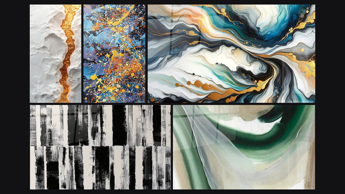 Mosaik aus fünf Gemälden, darunter Farbexplosion, Emerald Silk und Farbige Strömungen