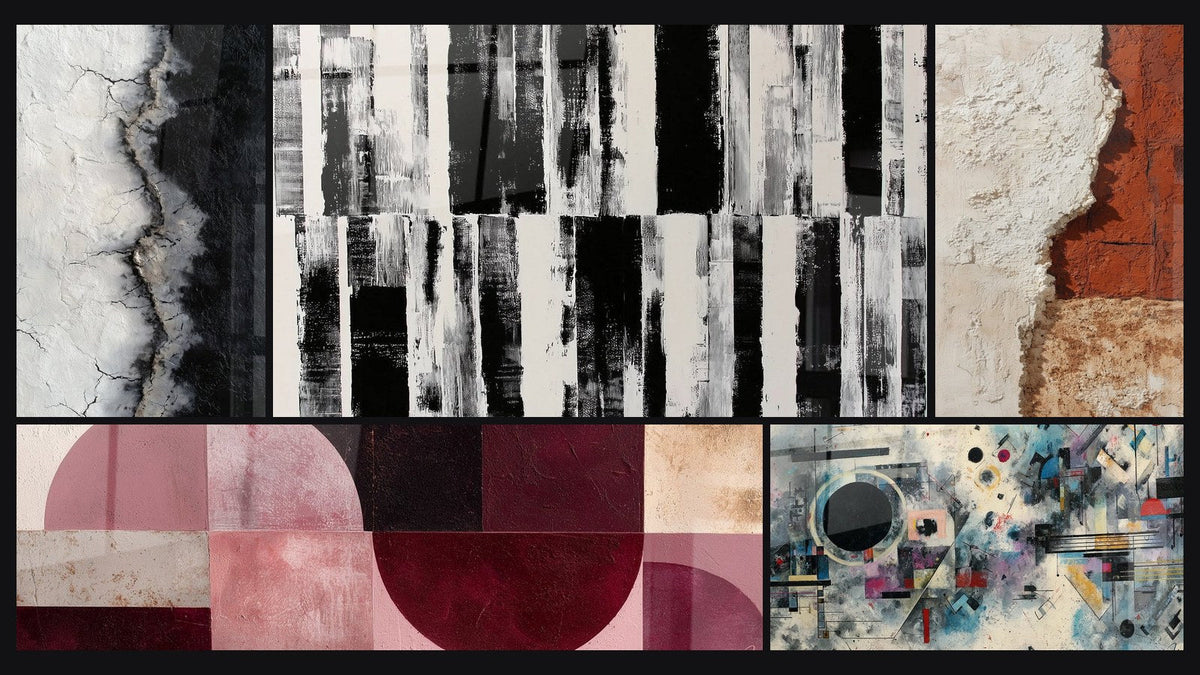Mosaïque de cinq tableaux, dont Composition abstraite géométrique