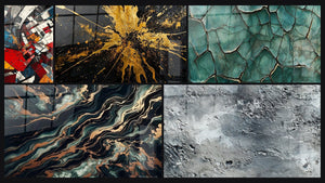 Mosaico de cinco cuadros, entre ellos Revolución Arquitectónica Moderna, Flujo Aurífero y Abstracto gris plateado texturizado