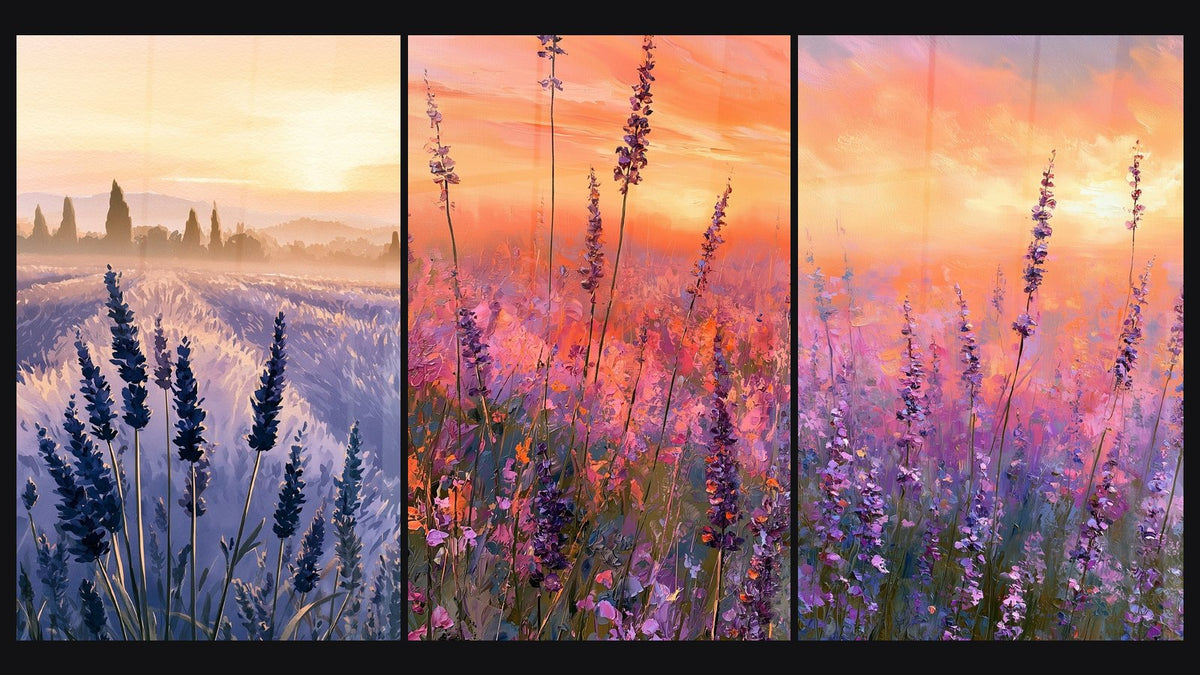 Mosaico di tre quadri, tra cui Campo di lavanda arancione e viola e Spighe viola e cielo arancione al tramonto