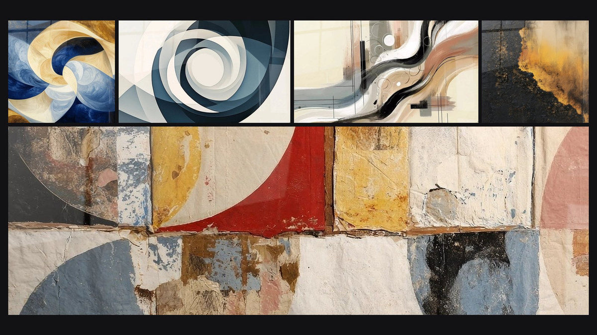 Mozaïek van vijf schilderijen, waaronder Goddelijke Adem Wit, Vortex Azuur en Abstracte geometrische vormen