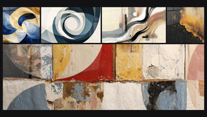 Mosaico de cinco cuadros, entre ellos Aliento Divino Blanco, Vortex Azul y Formas geométricas abstractas