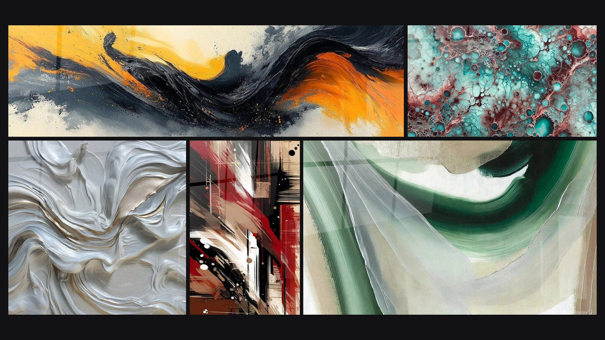 Mosaic of five paintings, including Contrasted Symphony Black and Abstract swirls white pearlescent and gold