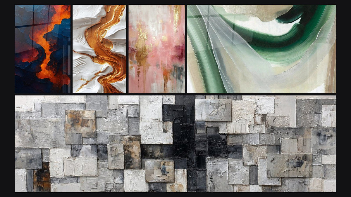 Mosaik aus fünf Gemälden, darunter Blut der Erde und Emerald Silk