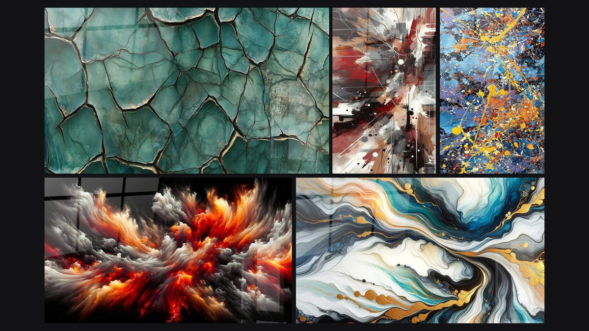 Mosaïque de cinq tableaux, dont Terre Fracturée, Tempête Solaire Abyssale et Bruit Dynamique Explosive