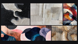 Mosaico de cinco cuadros, entre ellos Simbiosis Ondulante Coral y Formas geométricas circulares