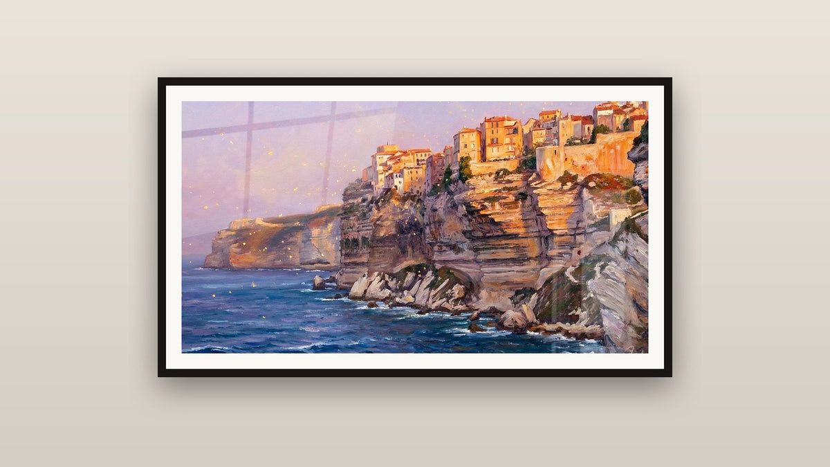 Ingelijst schilderij aan een muur: Bonifacio kliffen