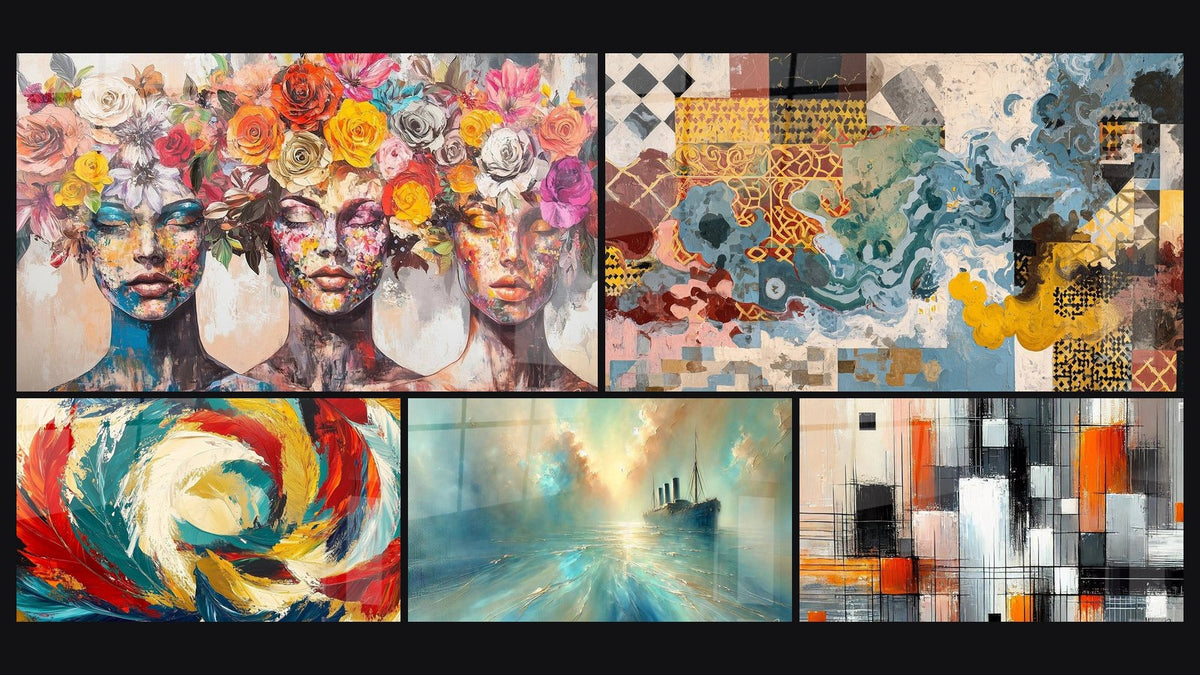 Mosaïque de cinq tableaux, dont Les Muses Fleuries, Composition géométrique abstraite et Métamorphose Cosmique