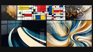 Mosaico de cinco cuadros, entre ellos Composición geométrica, Onda espiral moderno y Explosión dinámica