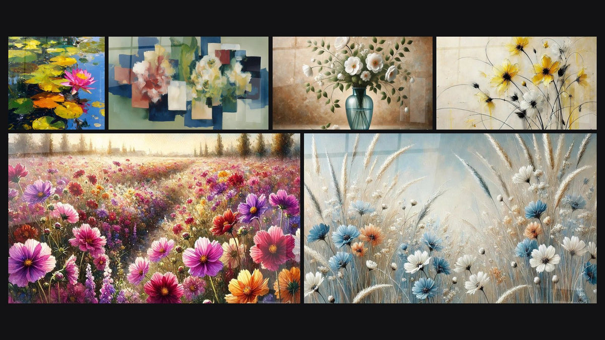 Mosaico de seis cuadros, entre ellos Flores Puzzle Vivo, Verano en Flor y Ramo de Dulzura