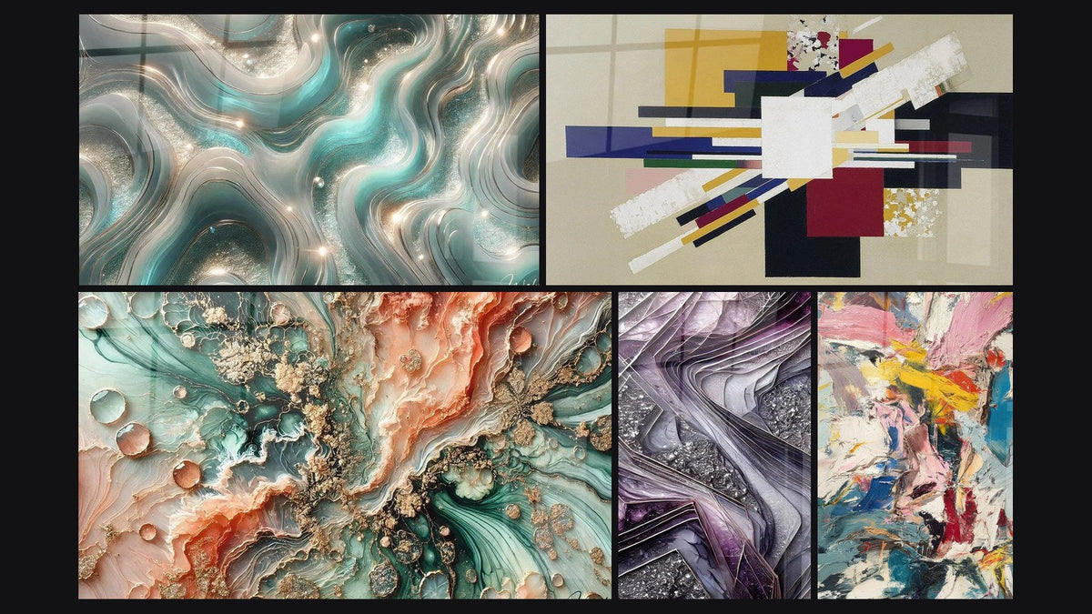 Mosaïque de cinq tableaux, dont Ondes Scintillantes, Composition Géométrique Tension Créative et Rêve Coralien