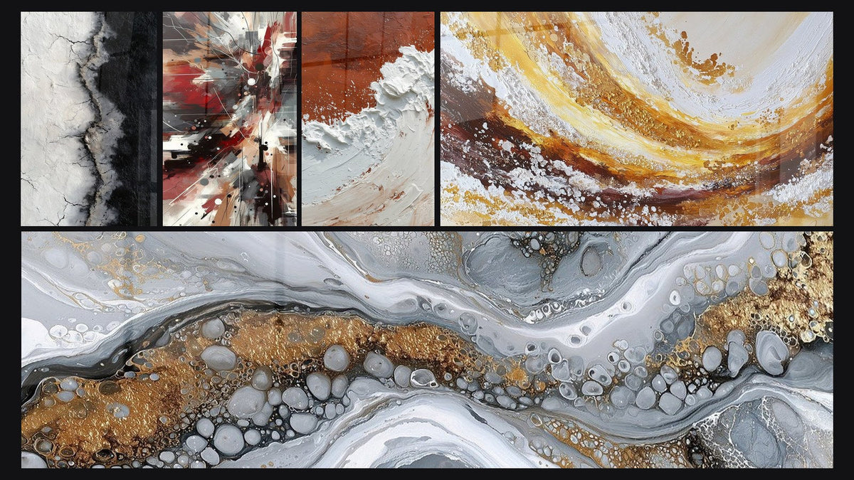 Mosaïque de cinq tableaux, dont Bruit Dynamique Explosive et Abstrait Fluide Gris et Or
