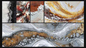 Mosaico de cinco cuadros, entre ellos Ruido Dinámico Explosivo y Abstracta Tierra y Blanco Material Grueso
