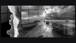 Two paintings side by side: Aerial Ocean Waves and Beached Fishing Boats